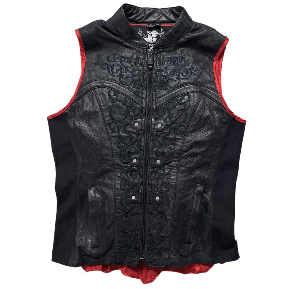 Y2K SPEED & STRENGTH women's black + red motolisa leather biker vest, XS.